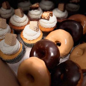 Donut board with 32 donuts and flower fillers